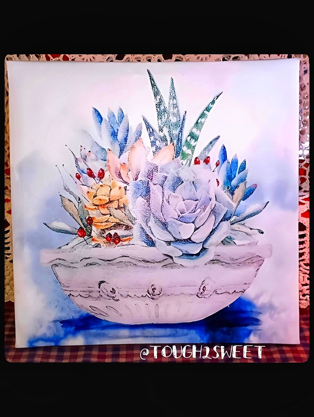 BEAUTIFUL WATERCOLOR OF A BOWL OF MIXED SUCCULANTS FRAMED ON CANVAS FRAME